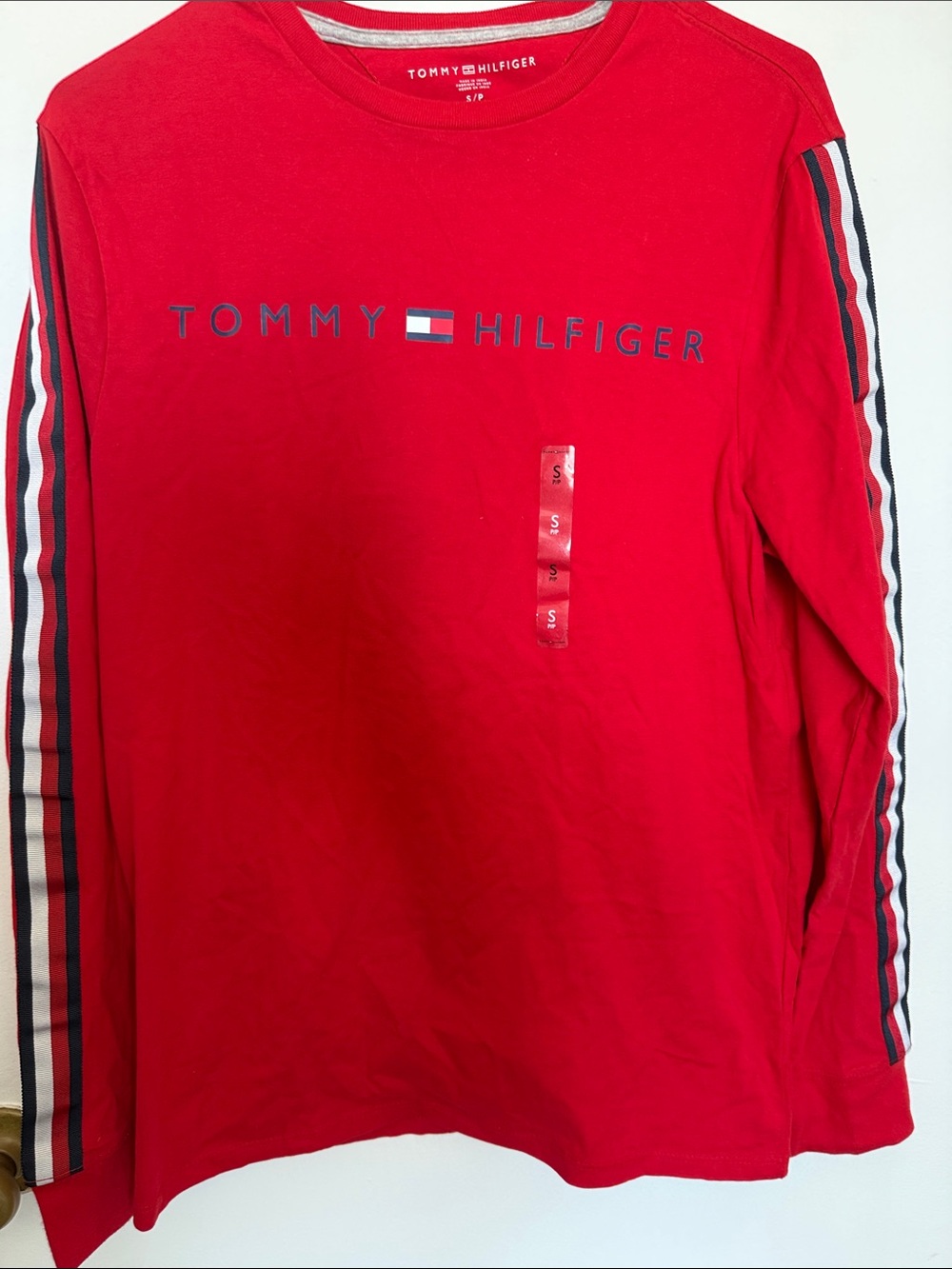 Tommy Hilfiger Red Long-Sleeve Logo Tee with Stripe Sleeves